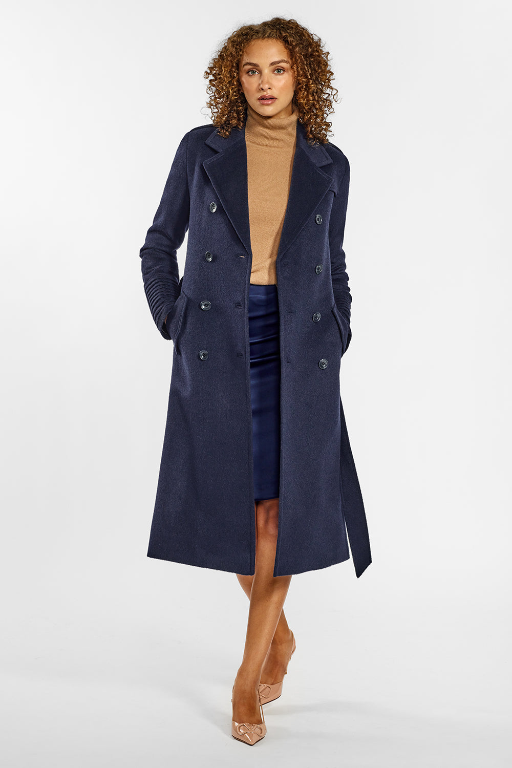 Trench Coat - Long Navy Wool Coat With Velvet Cuffs