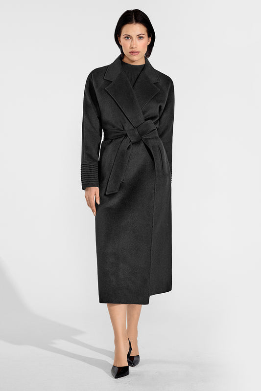 Sentaler Long Notched Collar Raglan Sleeve Wrap Coat featured in Baby Alpaca and available in Black. Seen from front on female model who is wearing the coat belted.