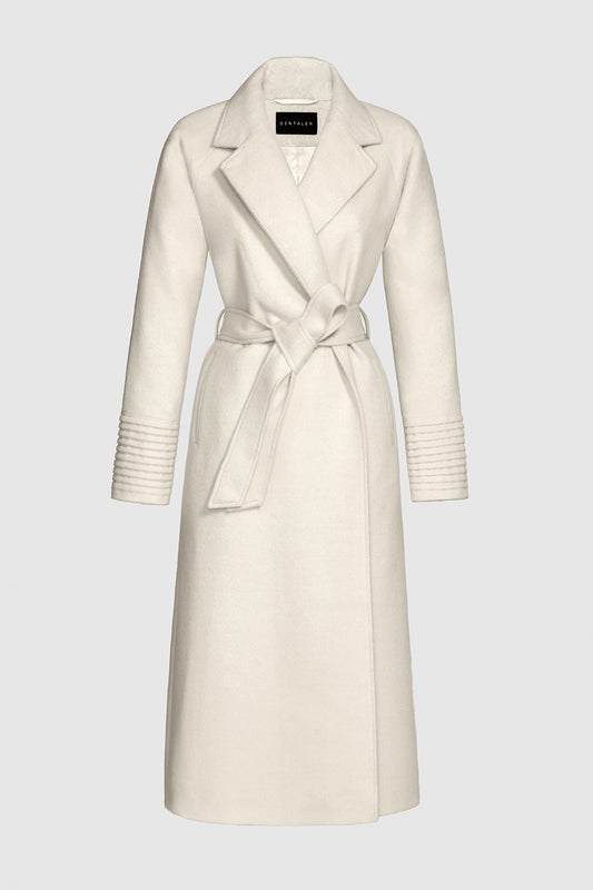 Sentaler Long Notched Collar Raglan Sleeve Wrap Coat featured in Baby Alpaca and available in Ivory. Seen as belted off figure.