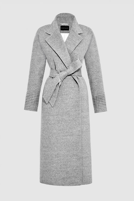 Sentaler Long Notched Collar Raglan Sleeve Wrap Shale Grey Coat in Baby Alpaca wool. Seen as belted off figure.