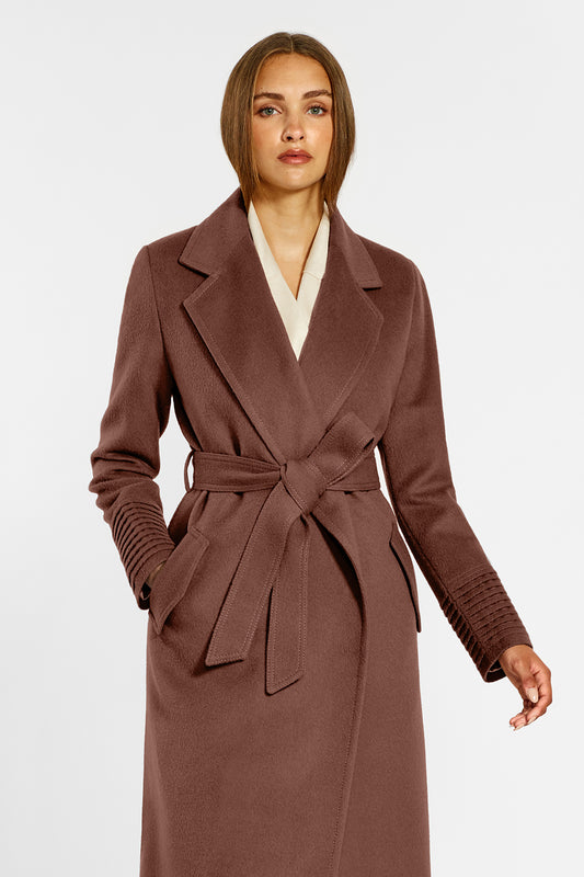 Sentaler Long Notched Collar Wrap Coat featured in Baby Alpaca and available in Sepia Brown. Seen from front above the knees belted on female model.