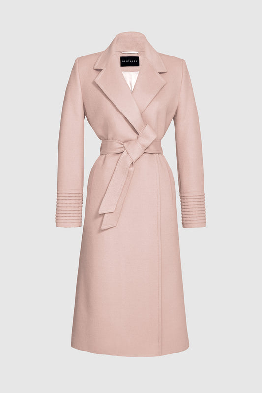 Sentaler Long Notched Collar Wrap Coat crafted in Baby Alpaca wool and in Pink Tint. Seen as off figure belted.
