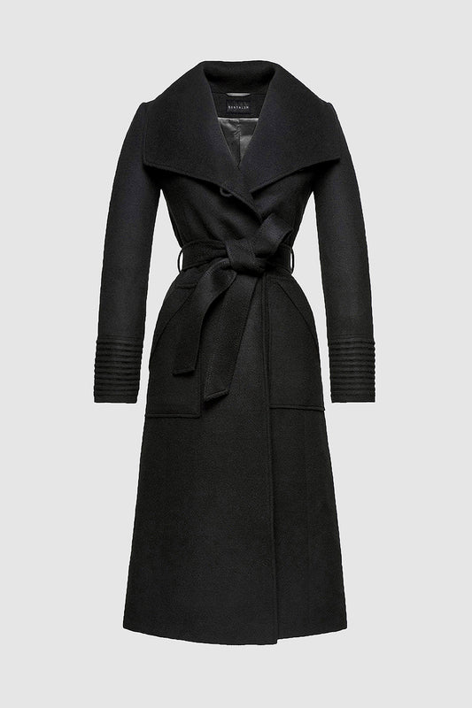 Sentaler Long Wide Collar Wrap Coat featured in Baby Alpaca and available in Black. Seen as off figure belted.