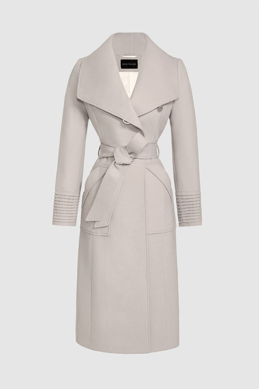Sentaler Long Wide Collar Wrap Coat featured in Baby Alpaca and available in Bleeker Beige. Seen as off figure belted.