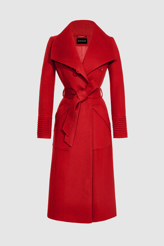 Sentaler Long Wide Collar Wrap Coat featured in Baby Alpaca and available in Scarlet Red. Seen as off figure belted.