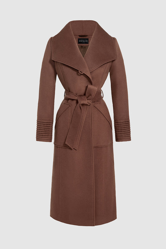 Sentaler Long Wide Collar Wrap Coat featured in Baby Alpaca and available in Sepia Brown. Seen as off figure belted.