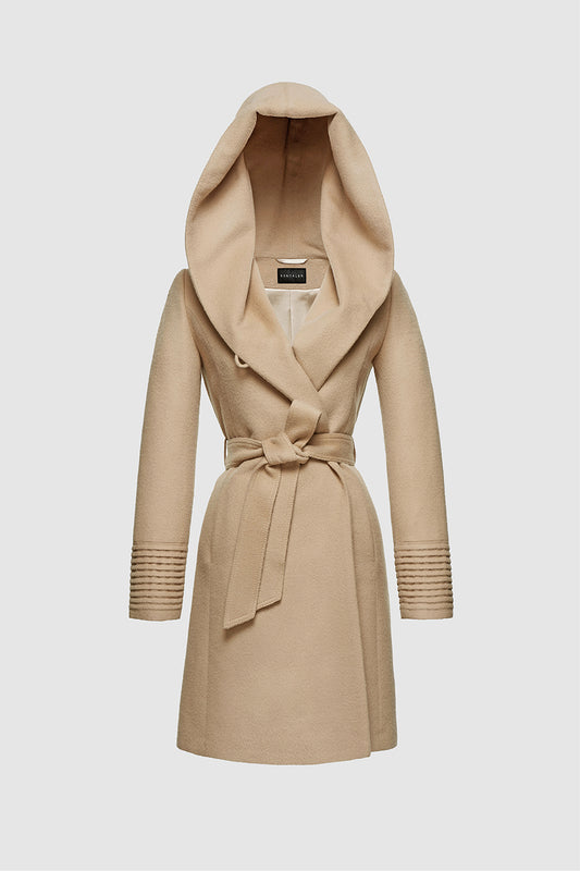 Sentaler Mid Length Hooded Wrap Coat featured in Baby Alpaca and available in Camel. Seen as off figure belted.