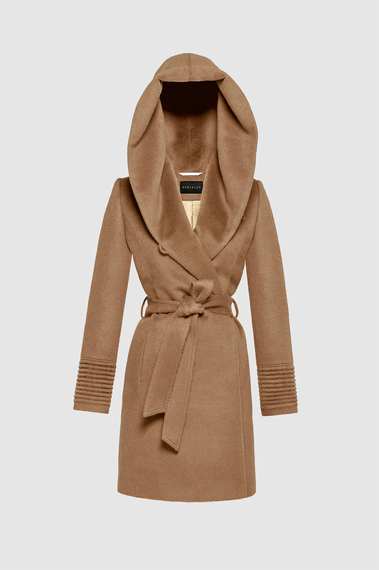 Sentaler Mid Length Hooded Wrap Coat featured in Baby Alpaca and available in Dark Camel. Seen as off figure belted.