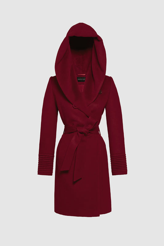 Sentaler Mid Length Hooded Wrap Coat featured in Baby Alpaca and available in Garnet Red. Seen as off figure belted.