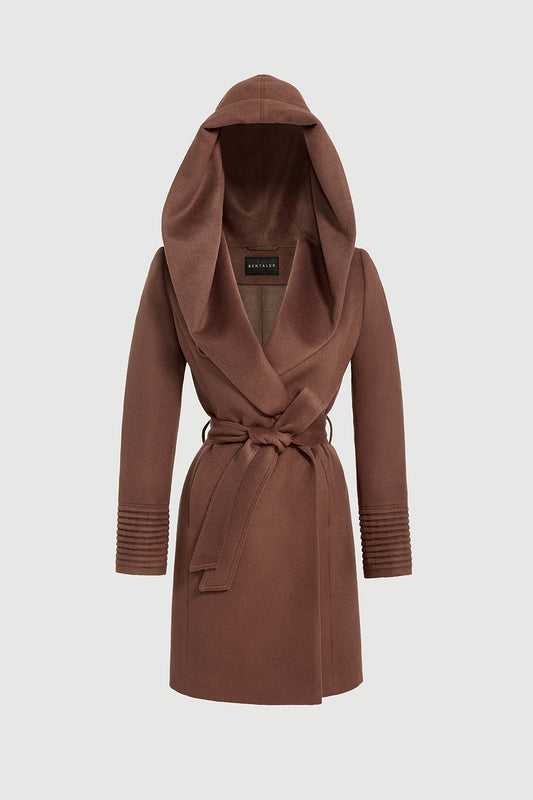 Sentaler Mid Length Hooded Wrap Coat featured in Baby Alpaca and available in Sepia Brown. Seen as off figure belted.