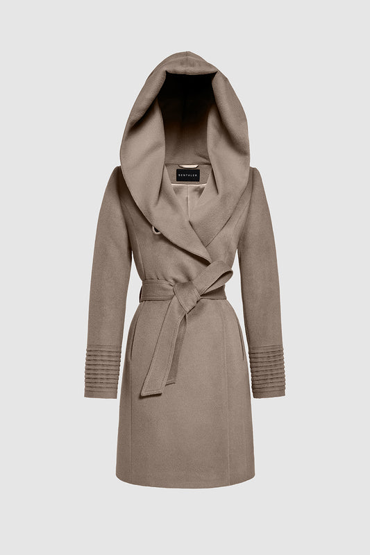 Sentaler Mid Length Hooded Wrap Coat featured in Baby Alpaca and available in Warm Taupe. Seen as belted off figure.