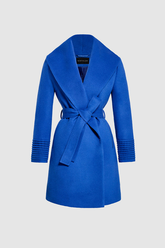 Sentaler Mid Length Shawl Collar Wrap Coat crafted in Baby Alpaca wool and in Cobalt Blue. Seen as belted off figure.
