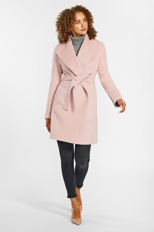 Mid Length Shawl Collar Wrap Pink Tint Coat | SENTALER