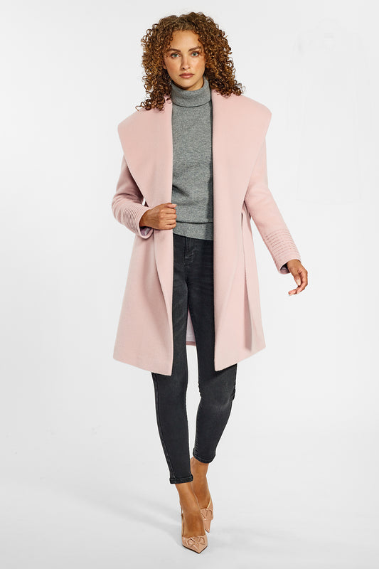 Sentaler Mid Length Shawl Collar Wrap Coat featured in Baby Alpaca and available in Pink Tint. Seen from front open on female model.