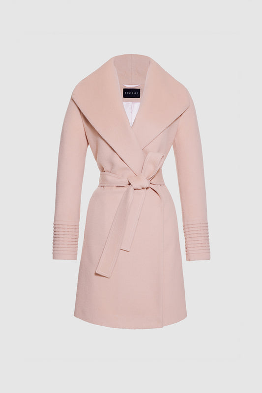 Sentaler Mid Length Shawl Collar Wrap Coat featured in Baby Alpaca and available in Pink Tint. Seen as off figure belted.