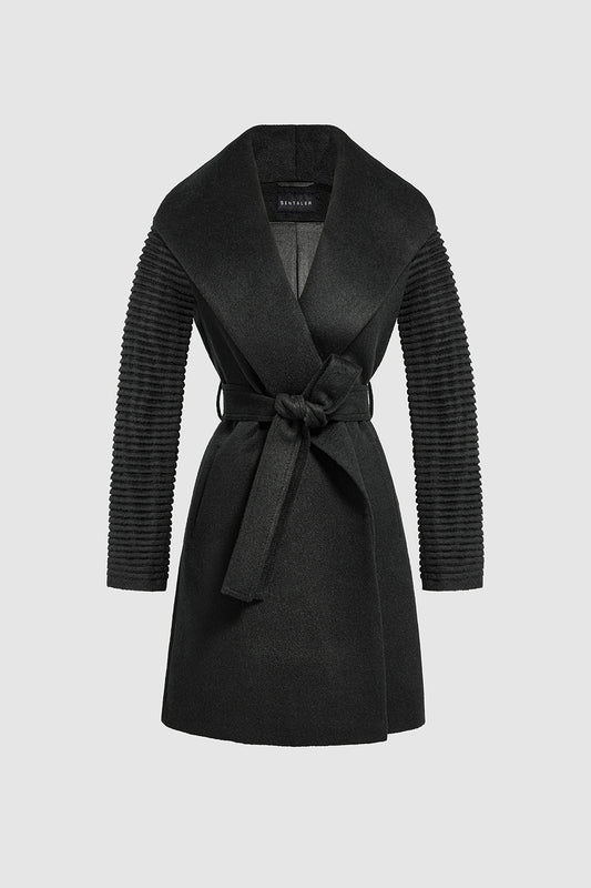 Sentaler Mid Length Shawl Collar Wrap Coat with Ribbed Sleeves featured in Baby Alpaca and available in Black. Seen as off figure belted.
