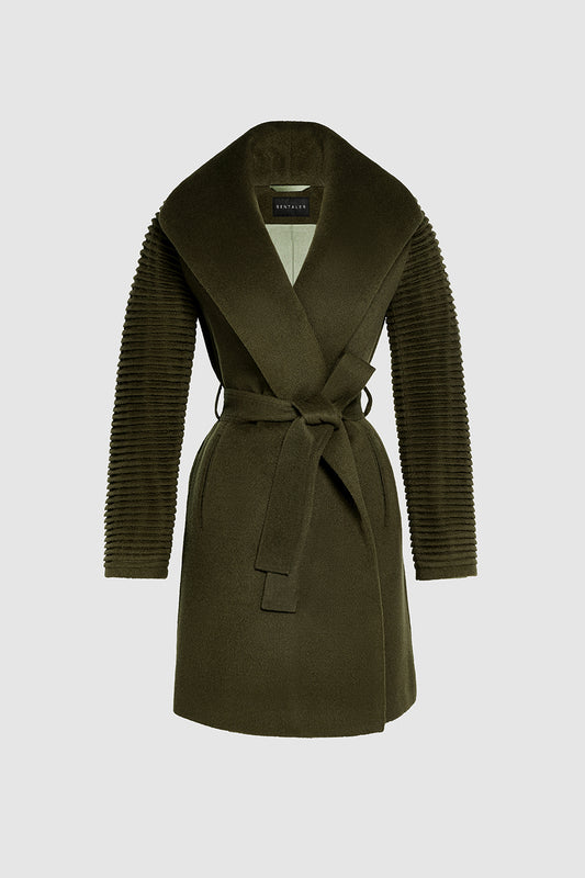 Sentaler Mid Length Shawl Collar Wrap Coat with Ribbed Sleeves featured in Baby Alpaca and available in Olive Green. Seen as off figure belted.