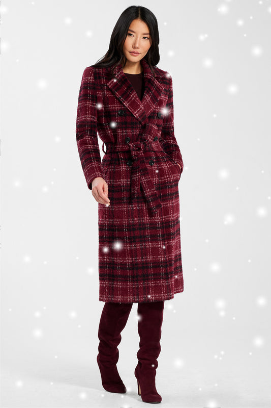 Sentaler Plaid Long Double Breasted Coat featured in Suri Alpaca and available in Garnet Red Plaid. Seen from front with snow effect.