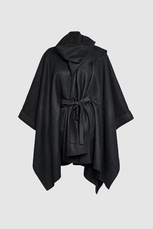Sentaler Poncho with Shawl Collar and Belt featured in Superfine Alpaca and available in Black. Seen as off figure belted.