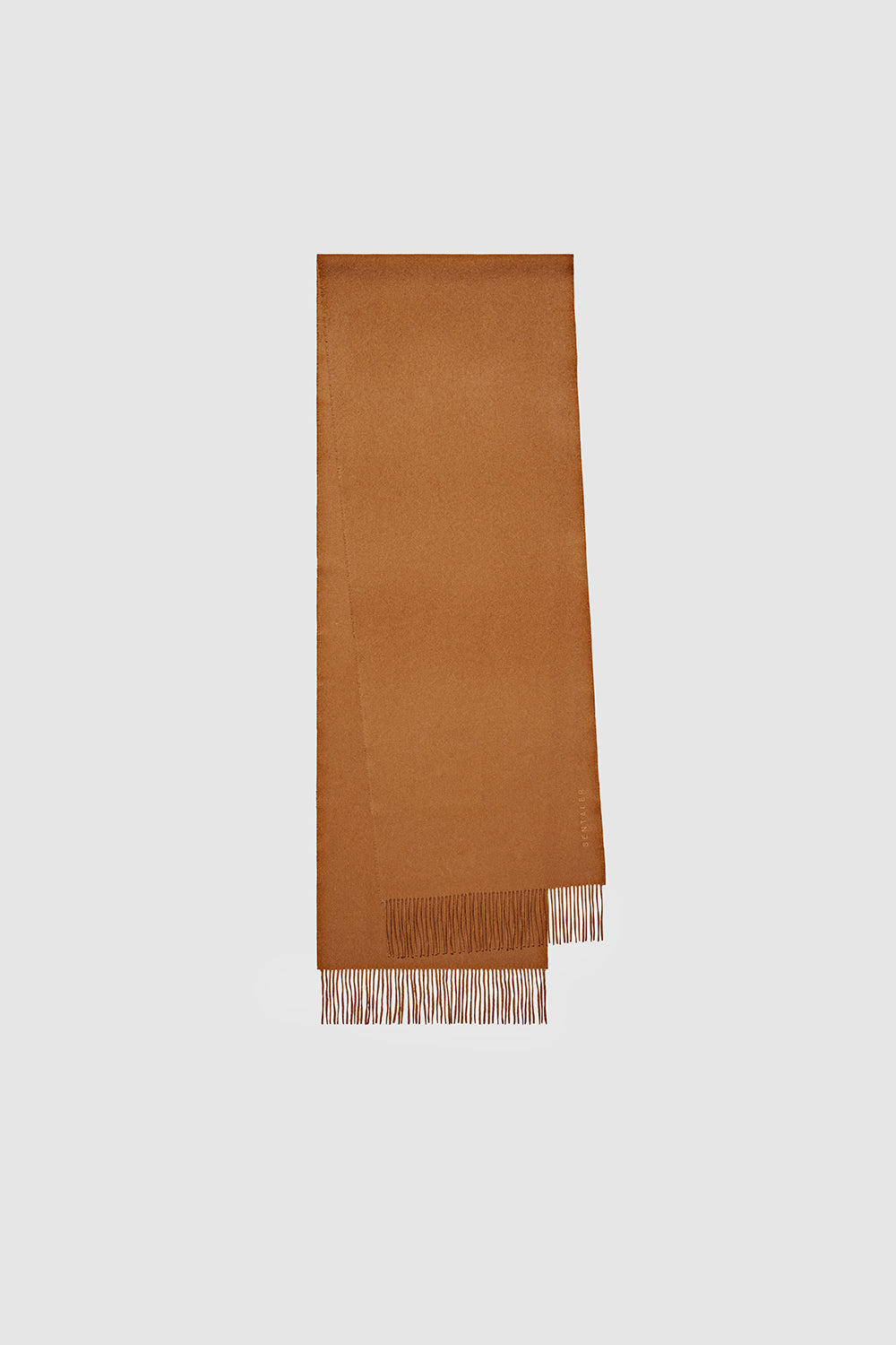 Sentaler SENTALER Vicuña Classic Scarf featured in Vicuña and available in Vicuña Brown. Seen as off figure folded.