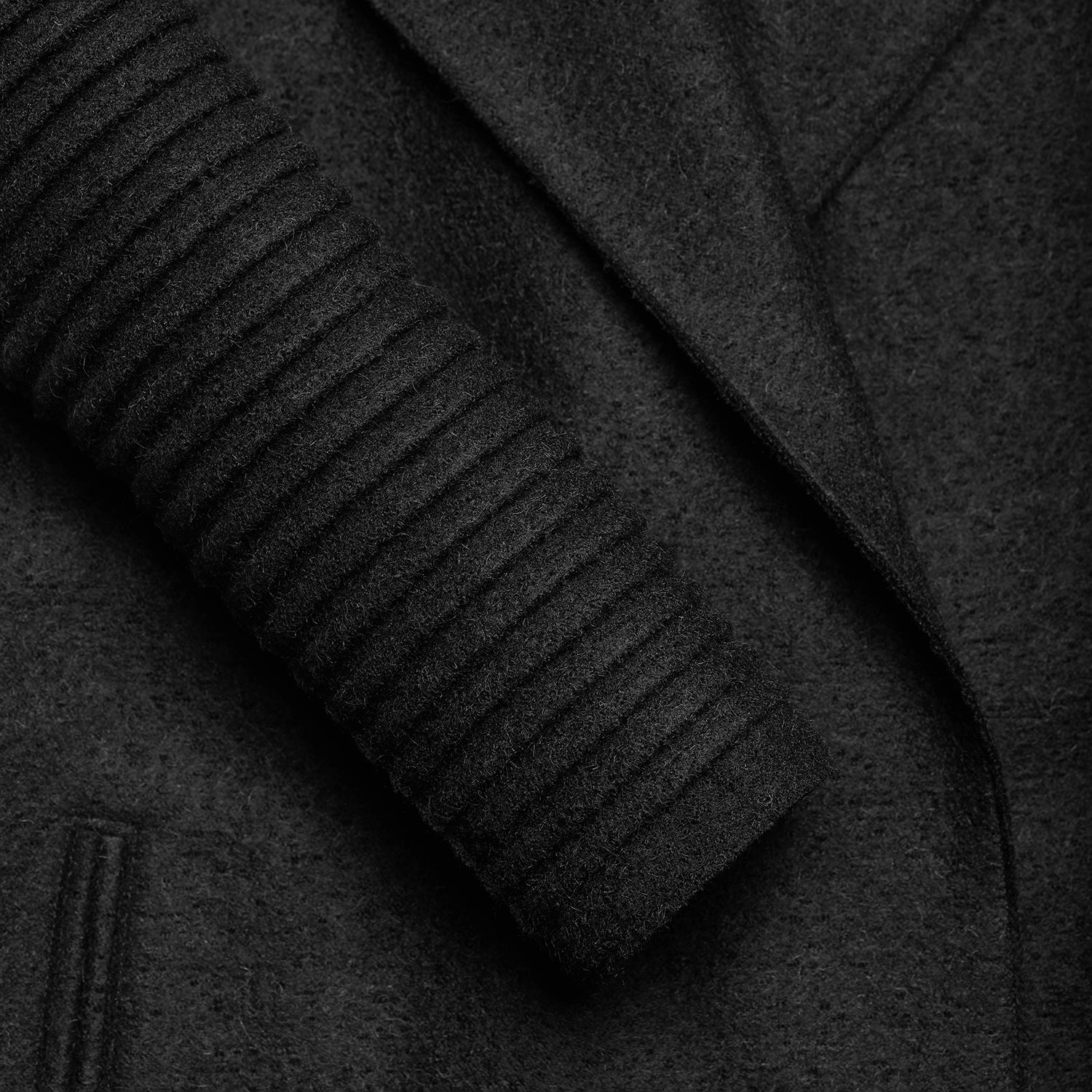 Sentaler Wrap Coat with Ribbed Sleeves featured in Superfine Alpaca and available in Black. Seen as fabric swatch.