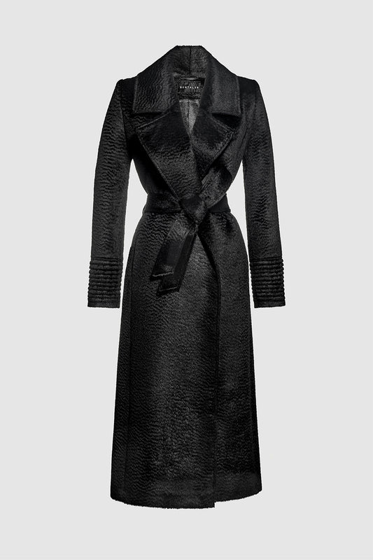 Sentaler Suri Alpaca Long Notched Collar Wrap Coat featured in Suri Alpaca and available in Black. Seen as off figure belted.
