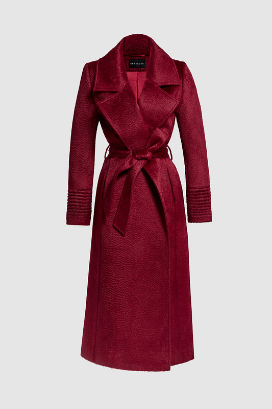 Sentaler Suri Alpaca Long Notched Collar Wrap Coat featured in Suri Alpaca and available in Bordeaux Red. Seen as off figure belted.