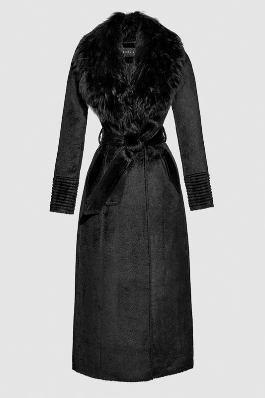 Sentaler Suri Alpaca Maxi Black Coat with Fur Collar in Suri Alpaca wool. Seen as belted off figure.