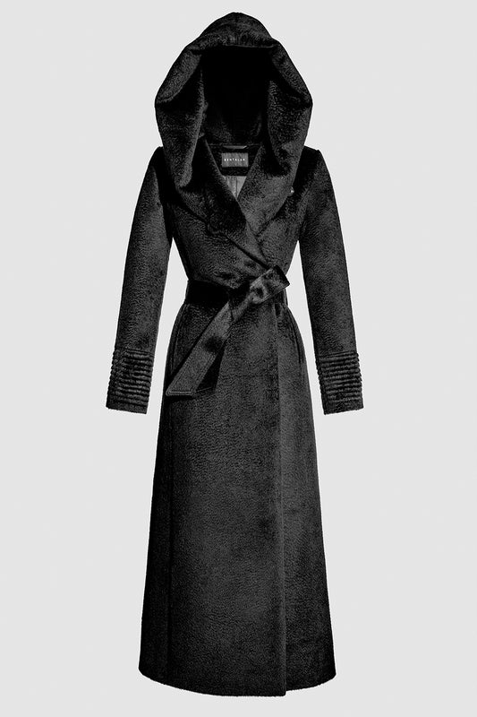 Sentaler Suri Alpaca Maxi Hooded Wrap Black Coat in Suri Alpaca wool. Seen as belted off figure.