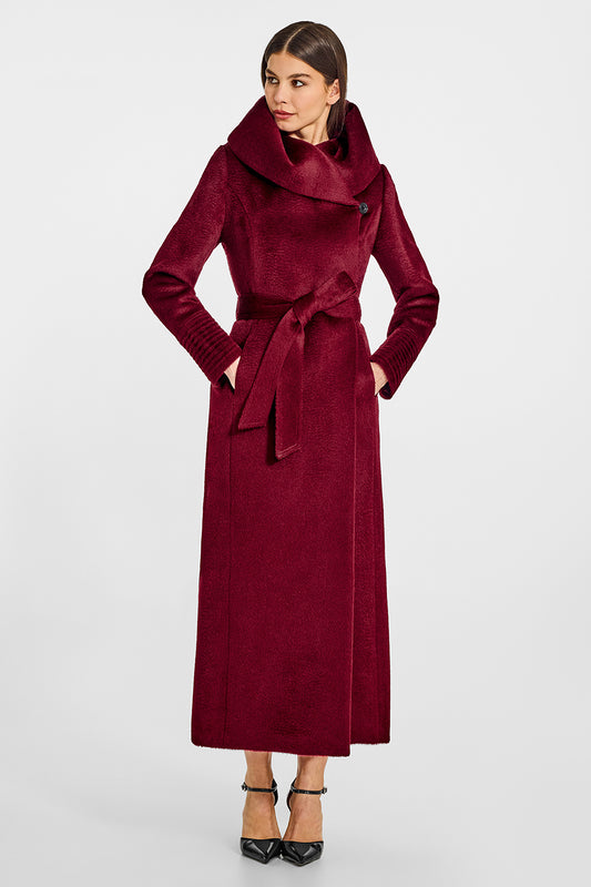 Sentaler Suri Alpaca Maxi Hooded Wrap Bordeaux Coat in Suri Alpaca wool. Seen from front belted on female model.