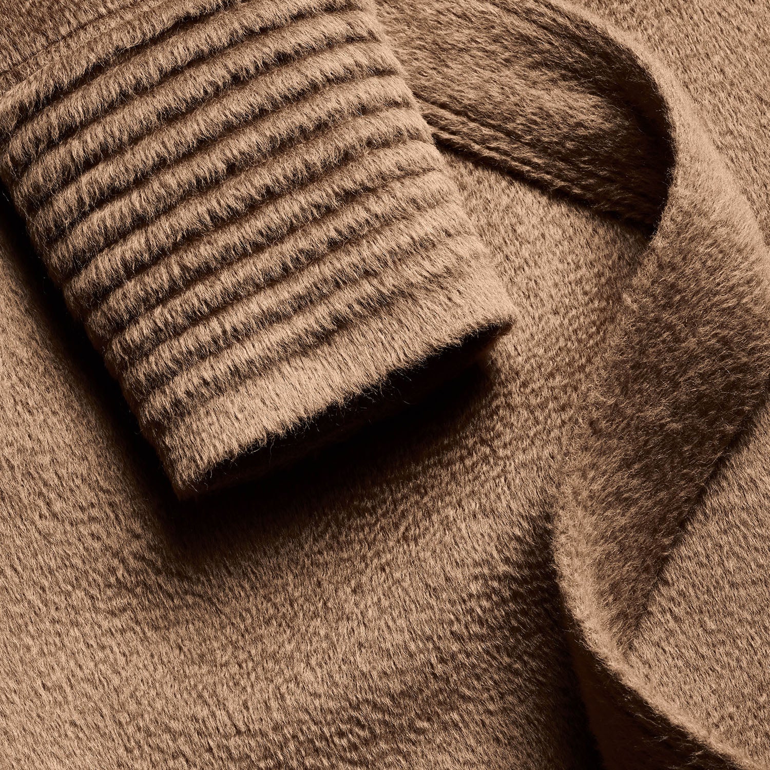 Sentaler Suri Alpaca Long Shawl Collar Wrap Coat featured in Suri Alpaca and available in Dark Camel. Seen as fabric swatch.