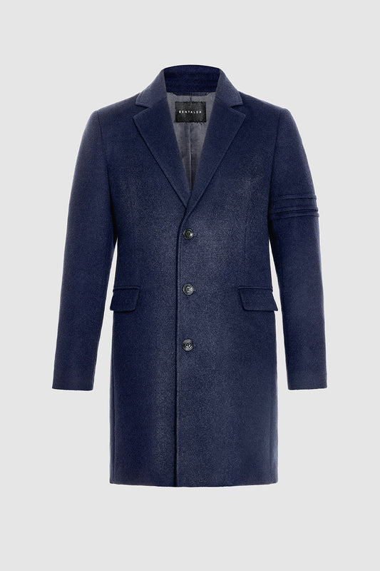 Sentaler Technical Baby Alpaca Notched Lapel Overcoat crafted in Technical Baby Alpaca and available in Deep Navy. Seen as off figure.