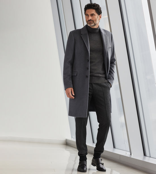 Sentaler Technical Suri Alpaca Notched Lapel Overcoat featured in Technical Suri Alpaca and available in Bold Graphite. Seen from front.