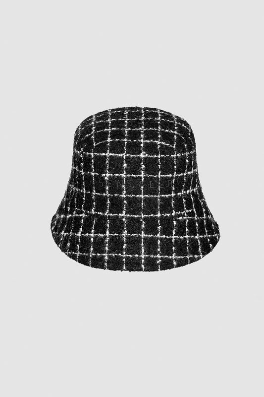 Sentaler Tweed Black Check Bucket Hat in Tweed Suri Alpaca wool. Seen as off figure.