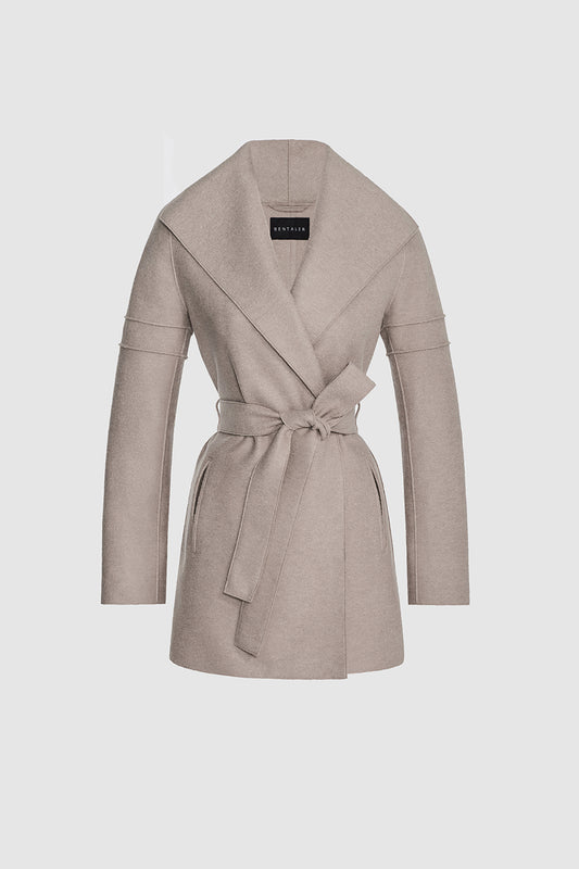 Sentaler Wrap Coat with Double Ribbed Detail featured in Superfine Alpaca and available in Simply Taupe Neutral. Seen as off figure.