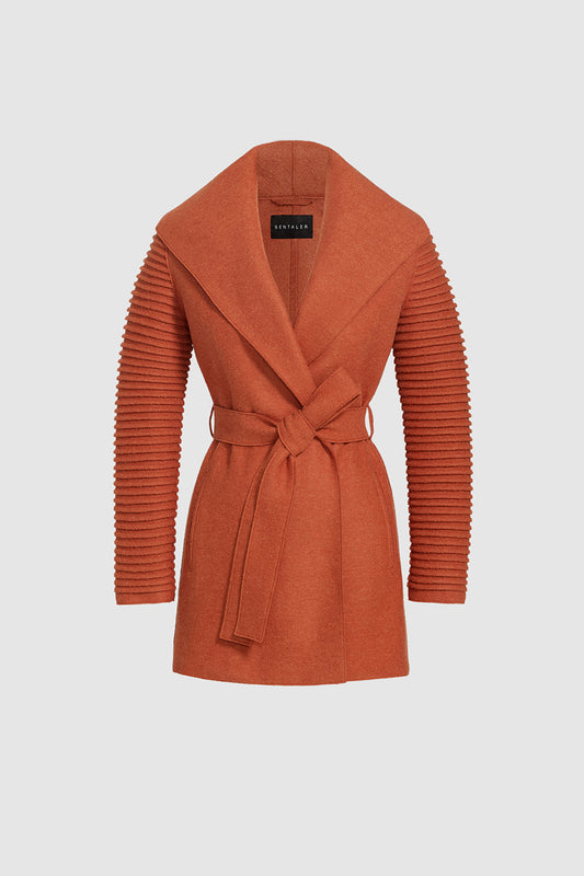 Sentaler Wrap Coat with Ribbed Sleeves featured in Superfine Alpaca and available in Orange Oxide. Seen as off figure belted.