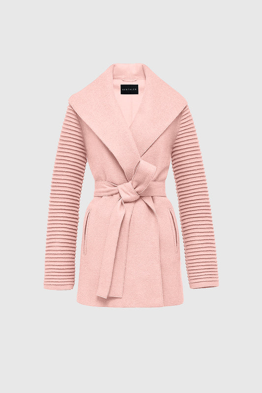Sentaler Wrap Coat with Ribbed Sleeves featured in Superfine Alpaca and available in Pink Clay. Seen as off figure belted.