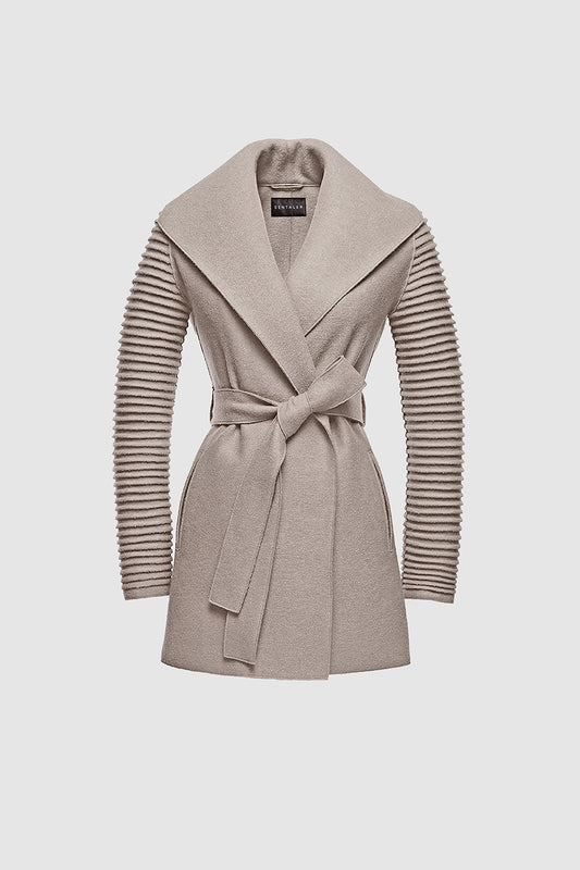 Sentaler Wrap Coat with Ribbed Sleeves featured in Superfine Alpaca and available in Simply Taupe Neutral. Seen as off figure belted.