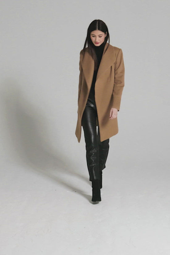 Sentaler Mid Length Shawl Collar Wrap Coat featured in Baby Alpaca and available in Dark Camel. Seen as product video.