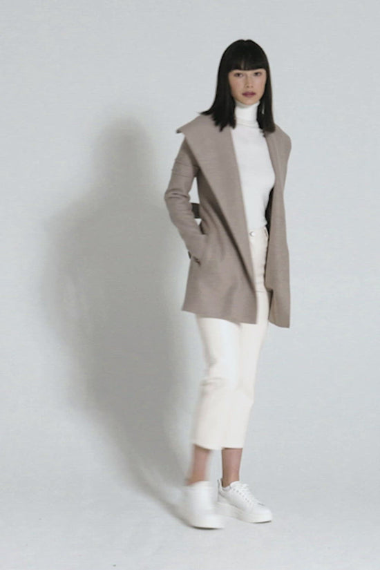 Sentaler Wrap Coat with Double Ribbed Detail featured in Superfine Alpaca and available in Simply Taupe. Seen as product video.