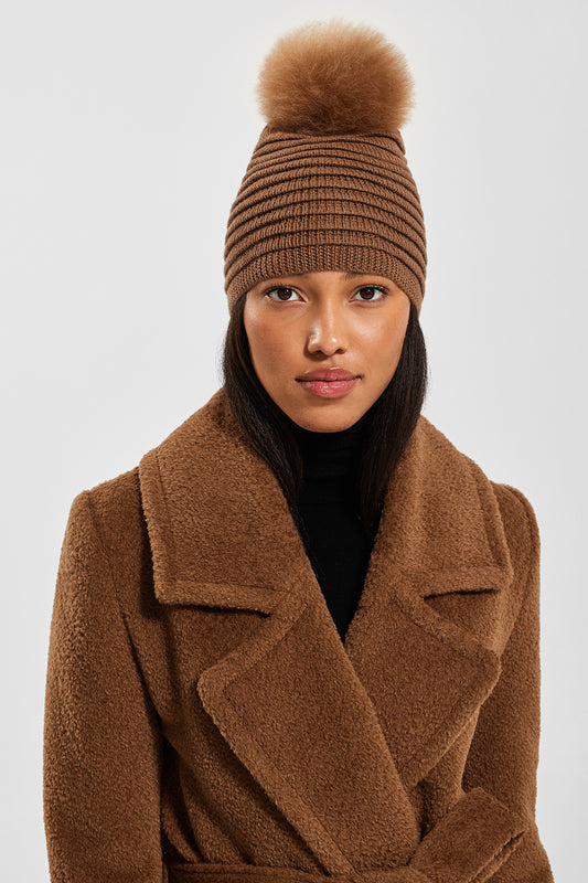 Adult Ribbed Hat with Oversized Fur Pompon