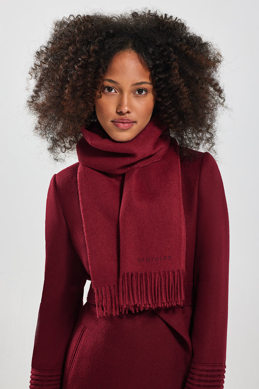 Sentaler Baby Alpaca Classic Scarf featured in Baby Alpaca and available in Garnet Red. Seen from front.
