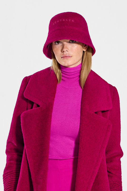 Sentaler Bouclé Alpaca Long Notched Collar Wrap Coat and Bucket Hat featured in Bouclé Alpaca and available in Orchid Flower. Seen from front open close up on model.