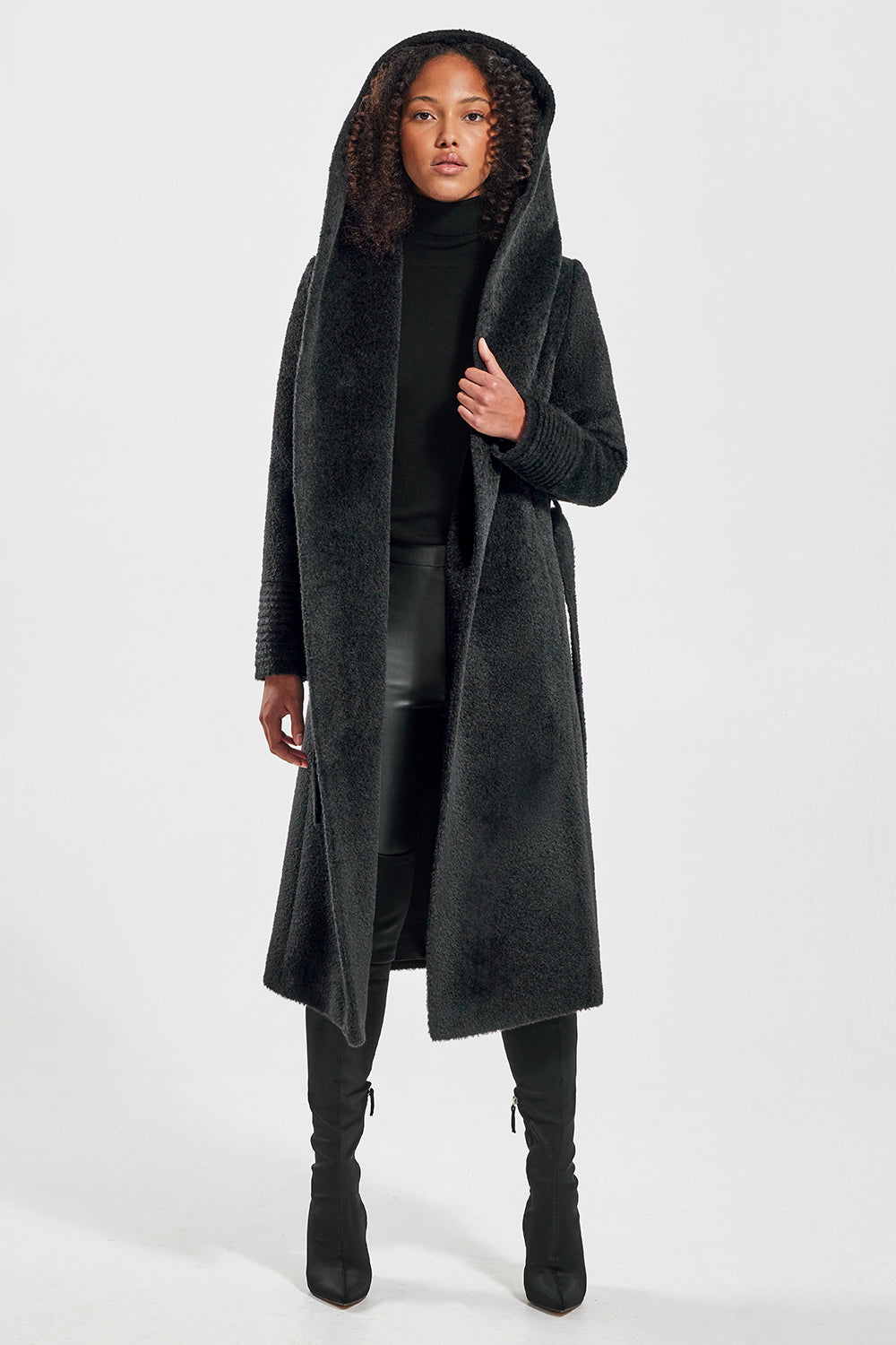 Bouclé Alpaca Long Hooded Wrap Black Coat
