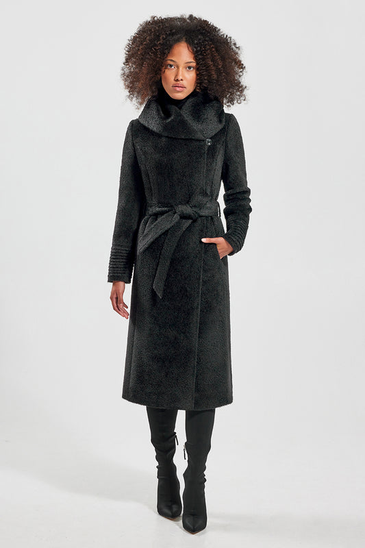 Sentaler Bouclé Alpaca Long Hooded Wrap Coat featured in Bouclé Alpaca and available in Black. Seen from front on model.