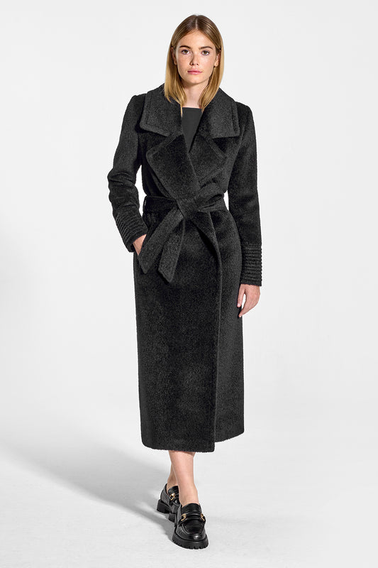Sentaler Bouclé Alpaca Long Notched Collar Wrap Coat featured in Bouclé Alpaca and available in Black. Seen from front on model.