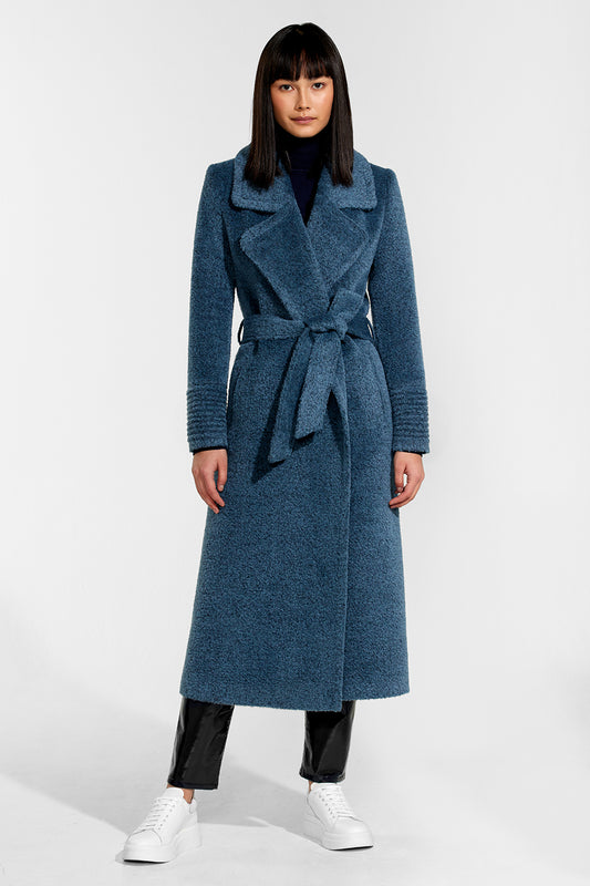 Sentaler Bouclé Alpaca Long Notched Collar Wrap Coat featured in Bouclé Alpaca and available in Lazuli Blue. Seen from front.