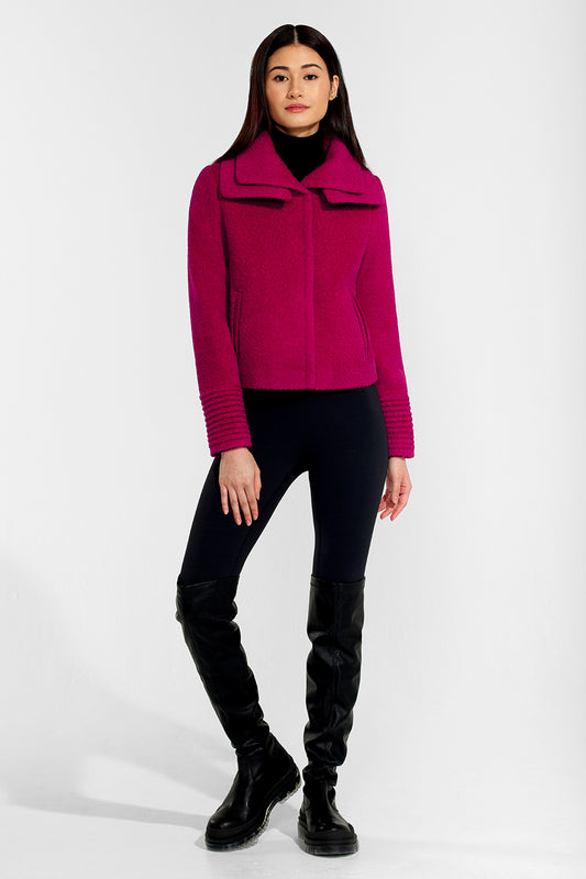Sentaler Bouclé Alpaca Moto Jacket with Signature Double Collar featured in Bouclé Alpaca and available in Orchid Flower. Seen from front.