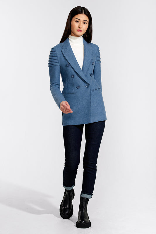 Sentaler Double Breasted Peak Collar Blazer featured in Superfine Alpaca and available in Dusty Blue. Seen from front.
