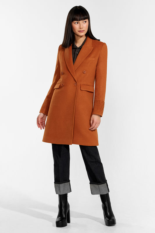 Sentaler Double Breasted Tailored Coat featured in Baby Alpaca and available in Burnt Orange. Seen from front.